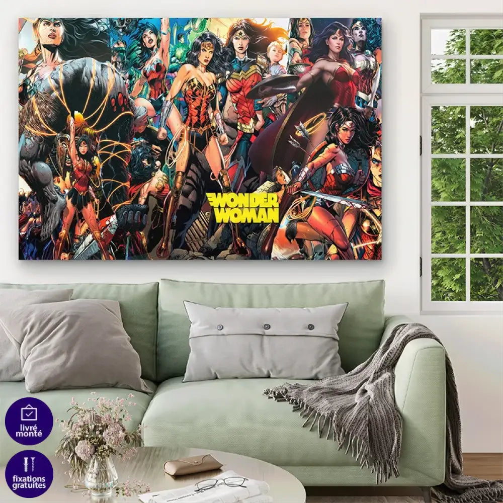 Tableau moderne Wonder Woman avec effets lumineux et détails dynamiques

