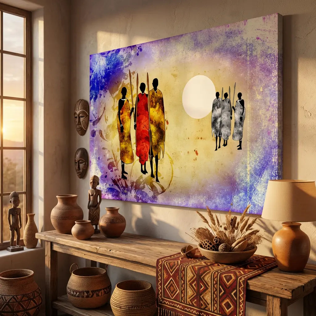 tableau africain moderne tribu soleil silhouettes africaines