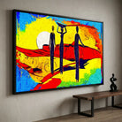 tableau africain scene de vie au soleil cadre noir moderne