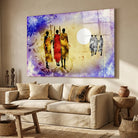 tableau africain silhouettes tribales fond soleil art moderne