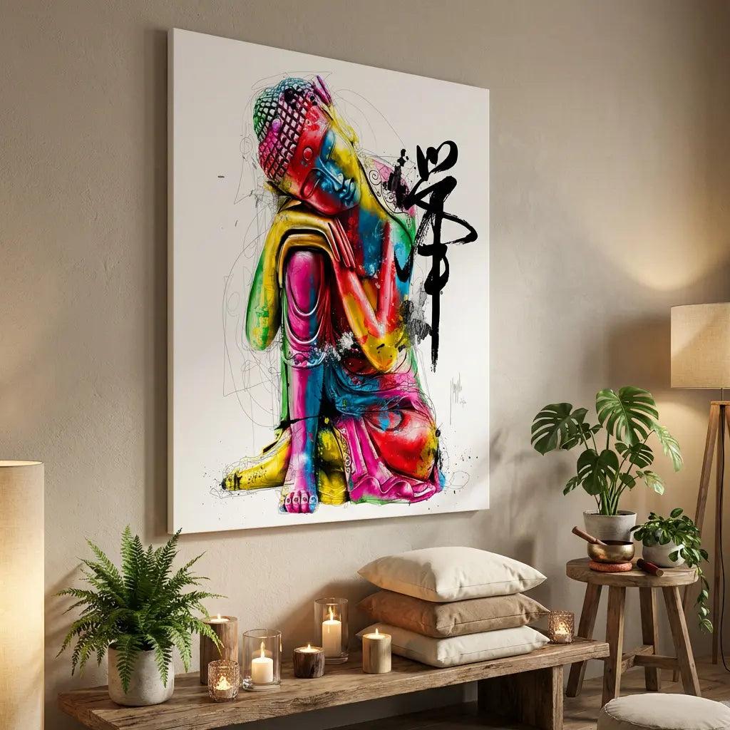 tableau bouddha moderne multicolore art zen contemporain