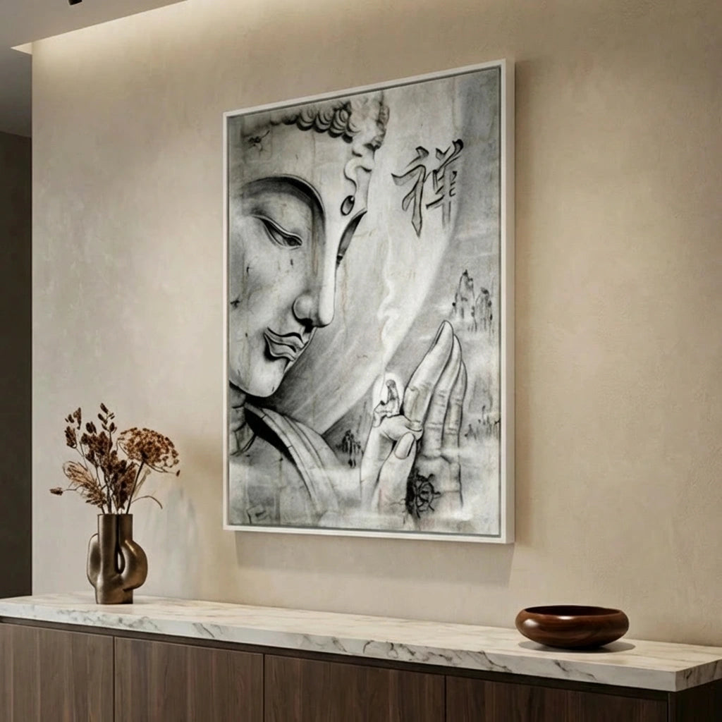 tableau bouddha noir et blanc art zen contemporain