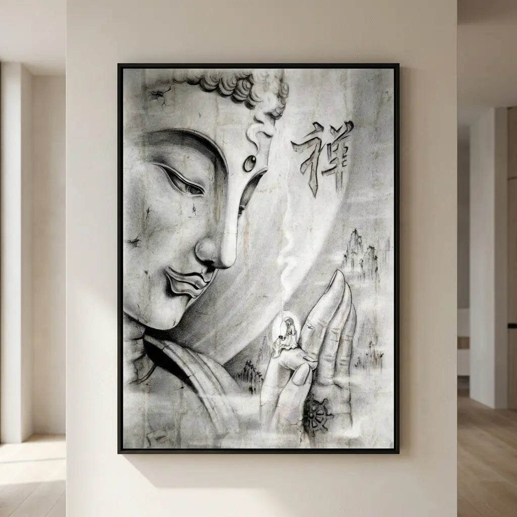 tableau bouddha zen noir et blanc décoration murale apaisante
