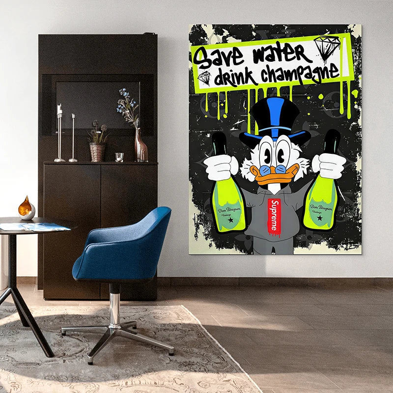 tableau déco canard pop art et champagne