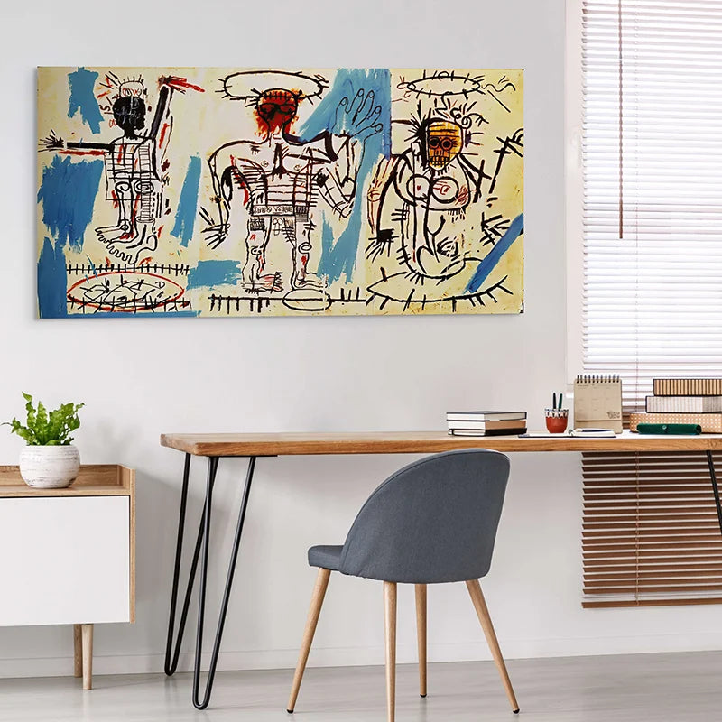tableau graffiti basquiat traits noirs nerveux touches rouges