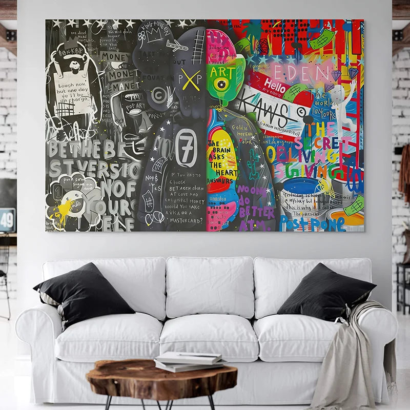 tableau kaws graffiti notes collage urbain couleurs vives