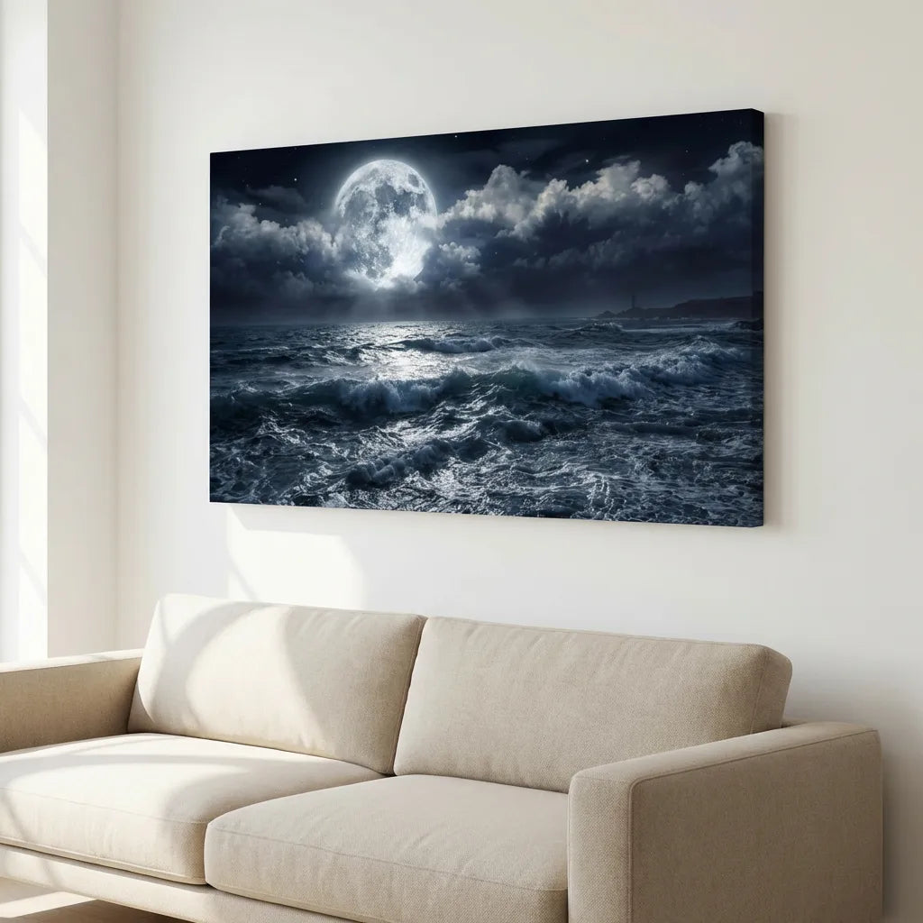 tableau mer avec lune pleine nuit décoration murale