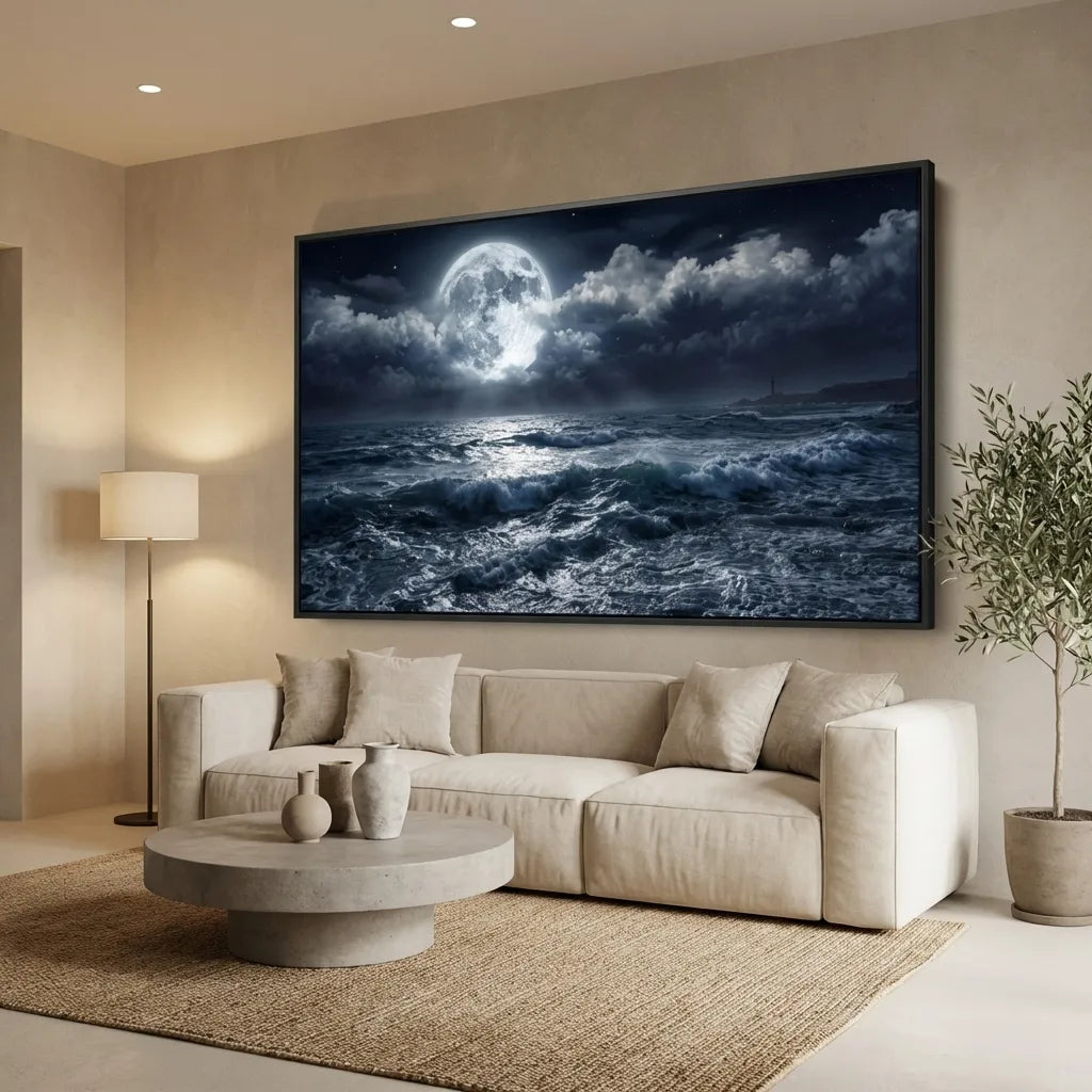 tableau mer sombre et lune lumineuse déco salon