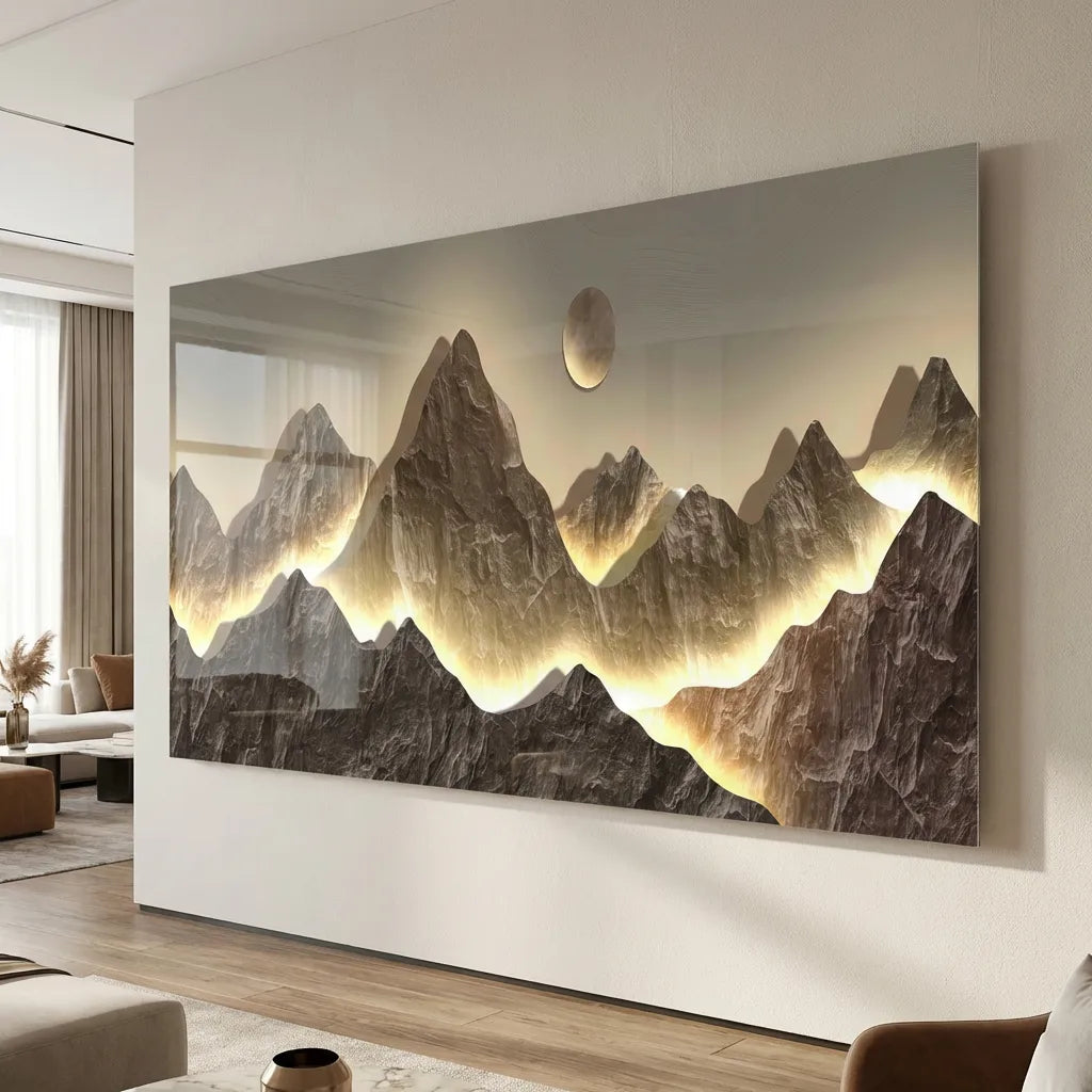 tableau montagne moderne avec lumière dorée design intérieur