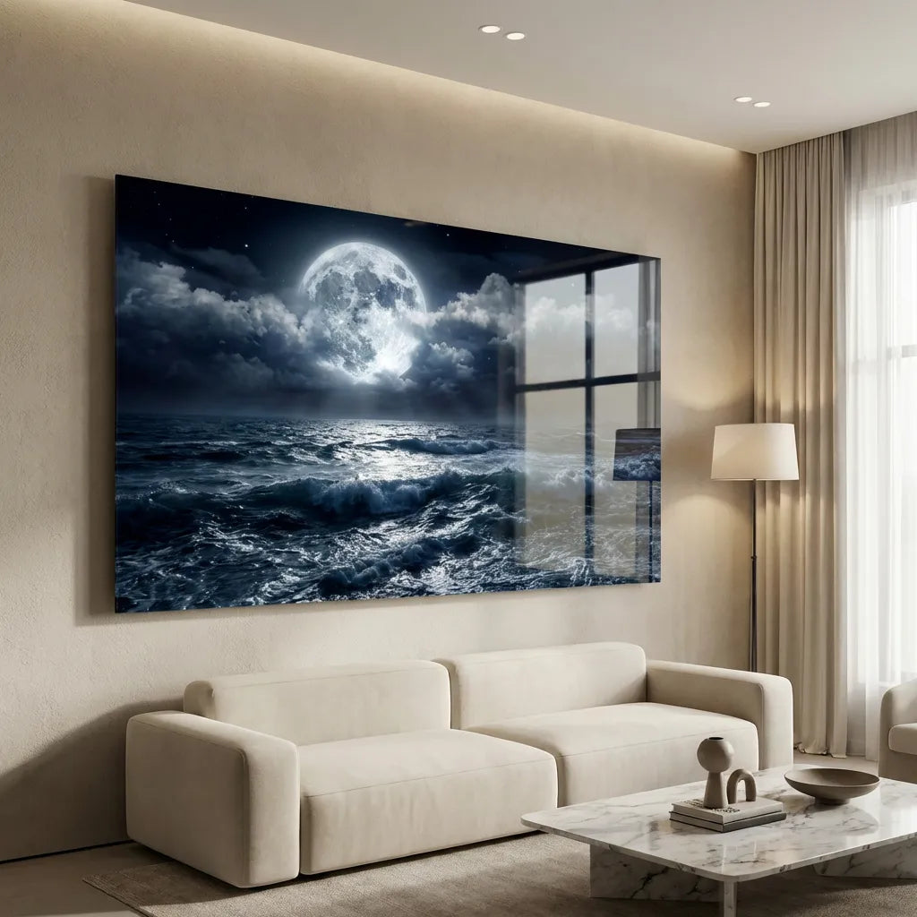 tableau océan sous la lune mer nocturne moderne