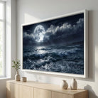 tableau paysage océan nocturne avec vagues et lune