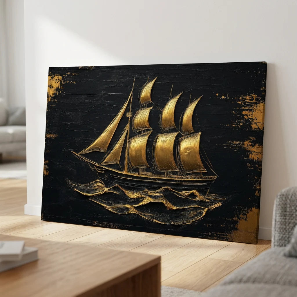 tableau voilier doré moderne décoration murale luxe