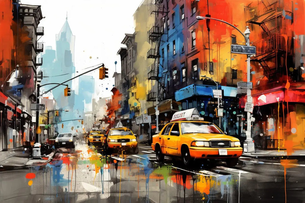 un taxi jaune vif avec un panneau taxi sur le toit peint en traits audacieux sur un fond de rue urbaine colorée dans un article intitulé les secrets de fabrication des tableaux graffiti.