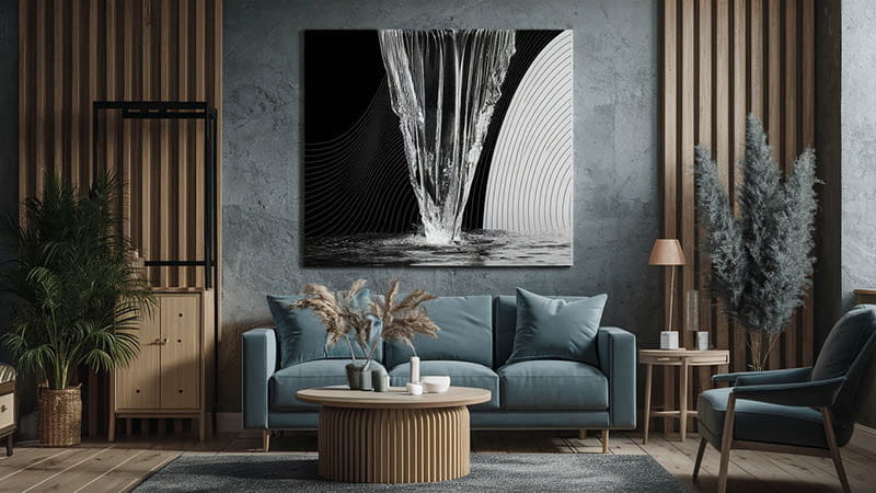 canvas abstrait en noir et blanc représentant une cascade avec des lignes fluides et des motifs géométriques pour décorer vos murs avec la photographie artistique adaptée