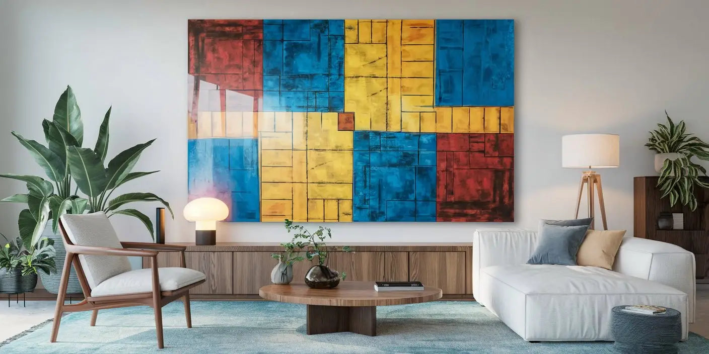 Tableau abstrait vibrant pour salon avec blocs géométriques audacieux en bleu, jaune et rouge sur toile decoratif.