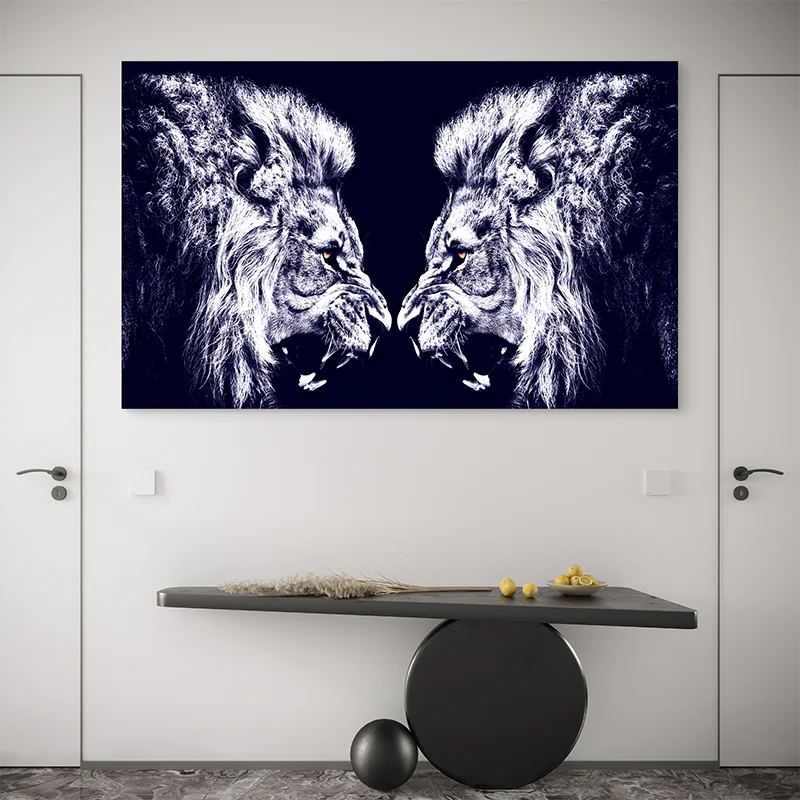 toile imprimée lion noir et blanc déco salon

