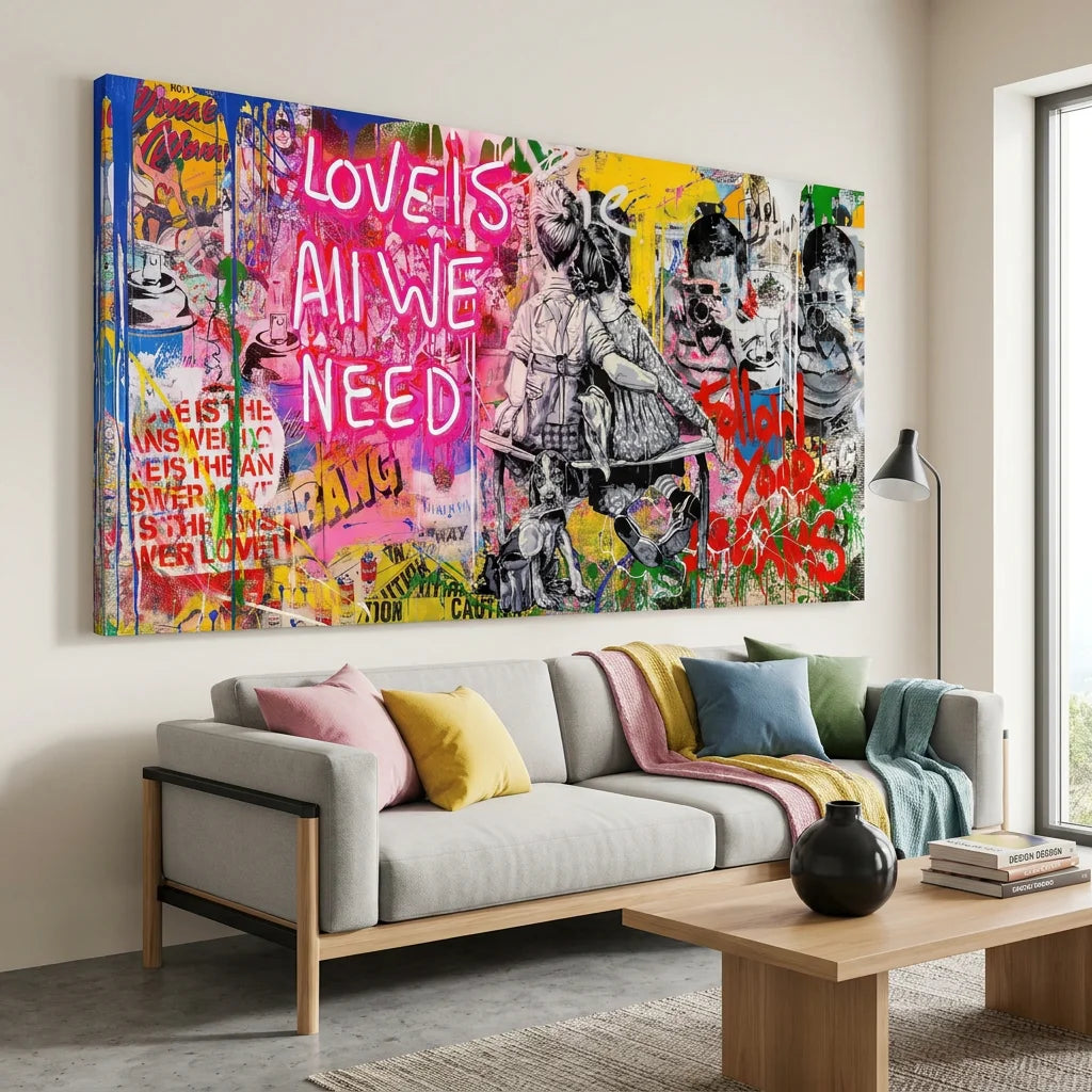 Tableau Street Art Love is all we Need - 80x40cm / Toile tendue sur châssis - Tableau Street Art