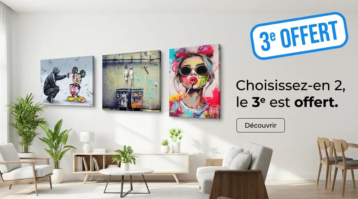Trois œuvres d'art sur toile colorées sont accrochées au mur, présentant des designs vibrants de style graffiti et des images de la culture pop.