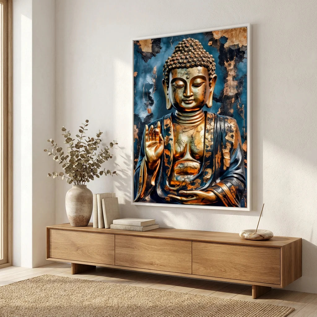 Œuvre Bouddha zen avec cadre flottant blanc dans une décoration lumineuse et minimaliste.