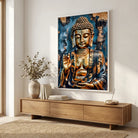 Œuvre Bouddha zen avec cadre flottant blanc dans une décoration lumineuse et minimaliste.