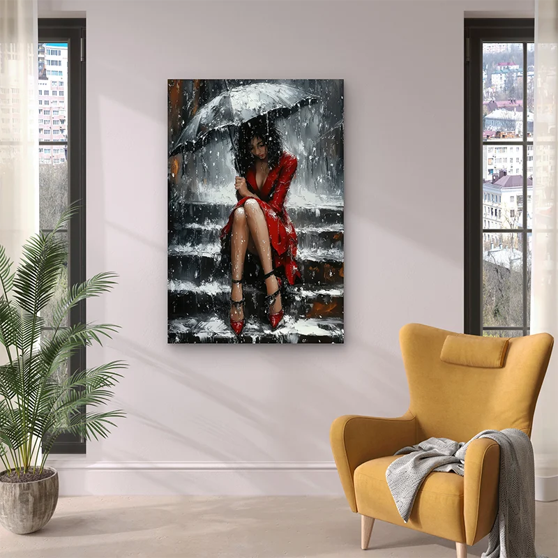 Œuvre artistique pluie et solitude en robe rouge

