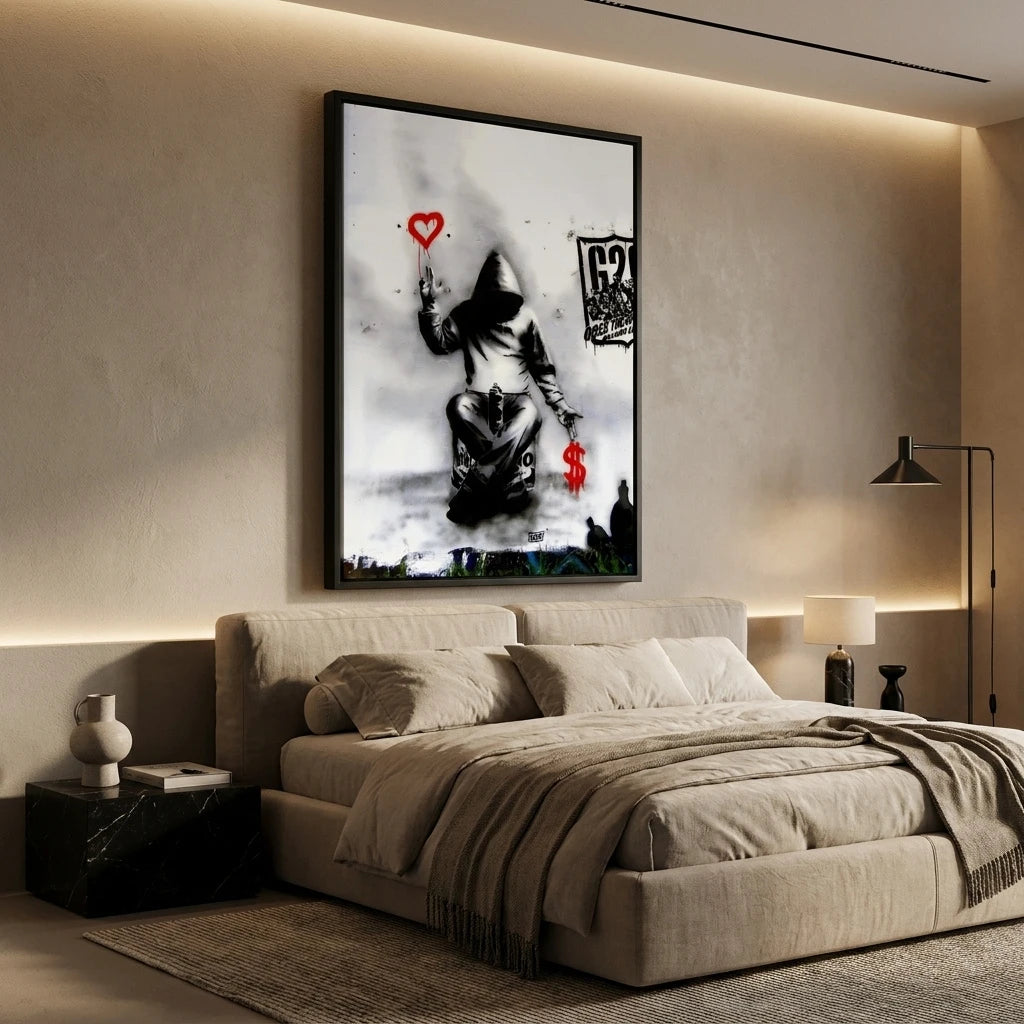 Œuvre murale Banksy Love Over Money pour salon contemporain