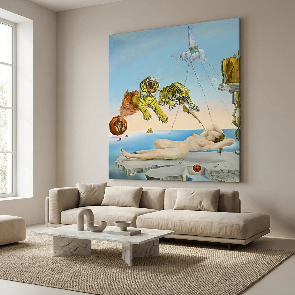 Œuvre surréaliste inspirée de Salvador Dalí avec tigres volants et éléphant dans un univers onirique.