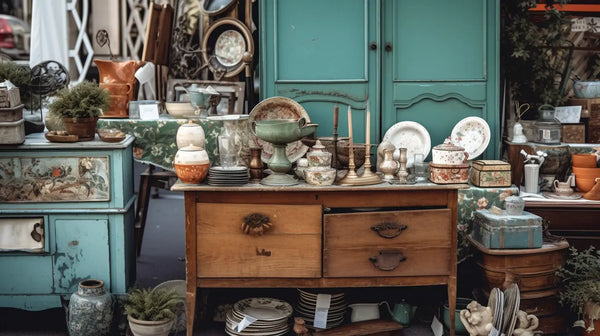 antique enfilade en bois avec deux tiroirs équipés de poignées en métal foncé affichant une collection d’assiettes en céramique vintage et de verrerie dans un article sur 10 idées de déco époustouflantes qui transformeront votre maison en un paradis.