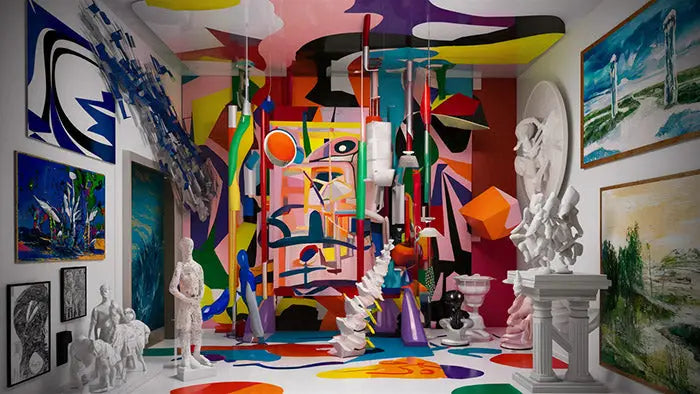 une pièce vibrante et abstraite peinte remplie de sculptures colorées et d’œuvres d’art idéale pour adopter l’art abstrait au bureau