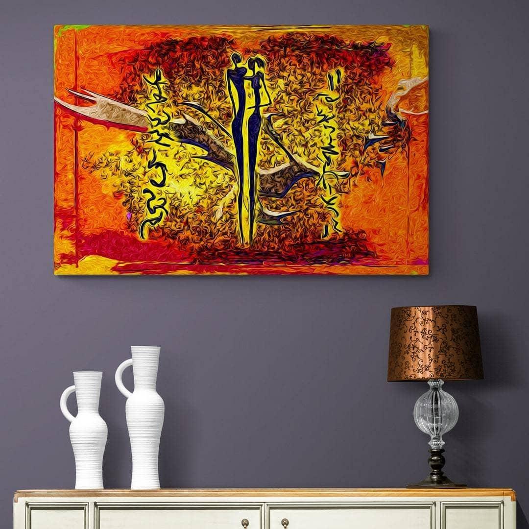 Tableau mural africain pour salon – couple amoureux doré/rouge