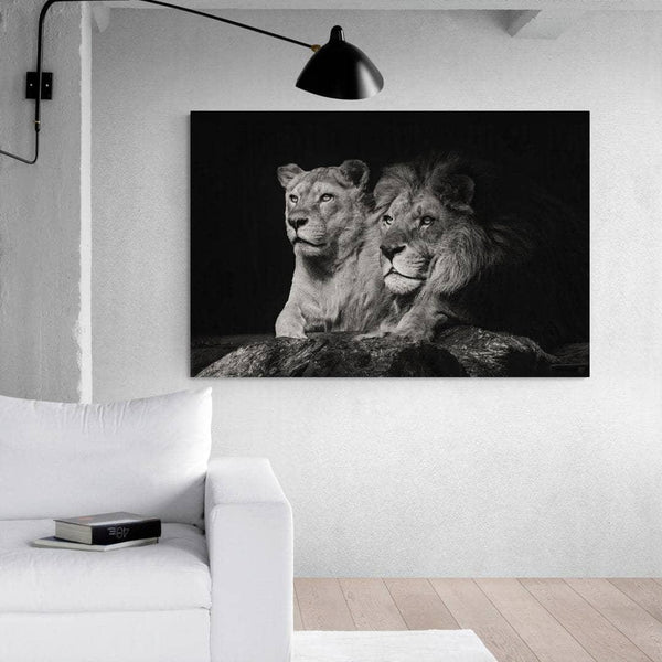 ▷ Superbe toile avec un lion et une lionne en noir et blanc