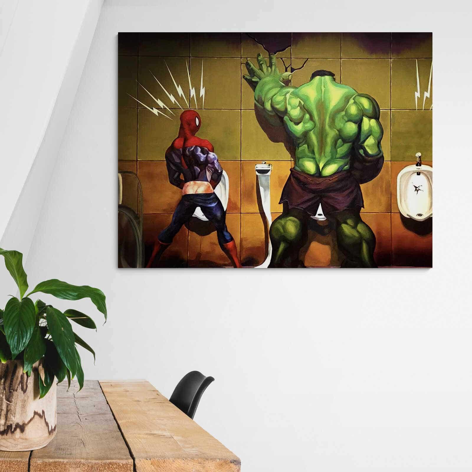 Tableau Spiderman Hulk Aux Toilettes - Montableaudeco